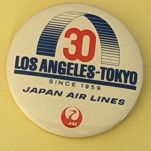Pin Japan Air Lines LA Tokyo Pin Back Button Vintage 2.25 in.  30th Anniversary